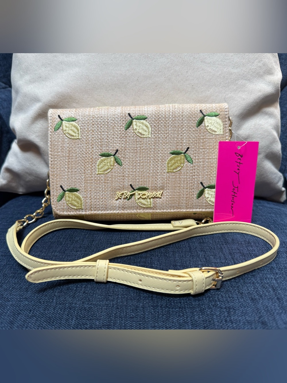 Betsey Johnson Lemon Embroidered Beige Crossbody Bag with Yellow Strap